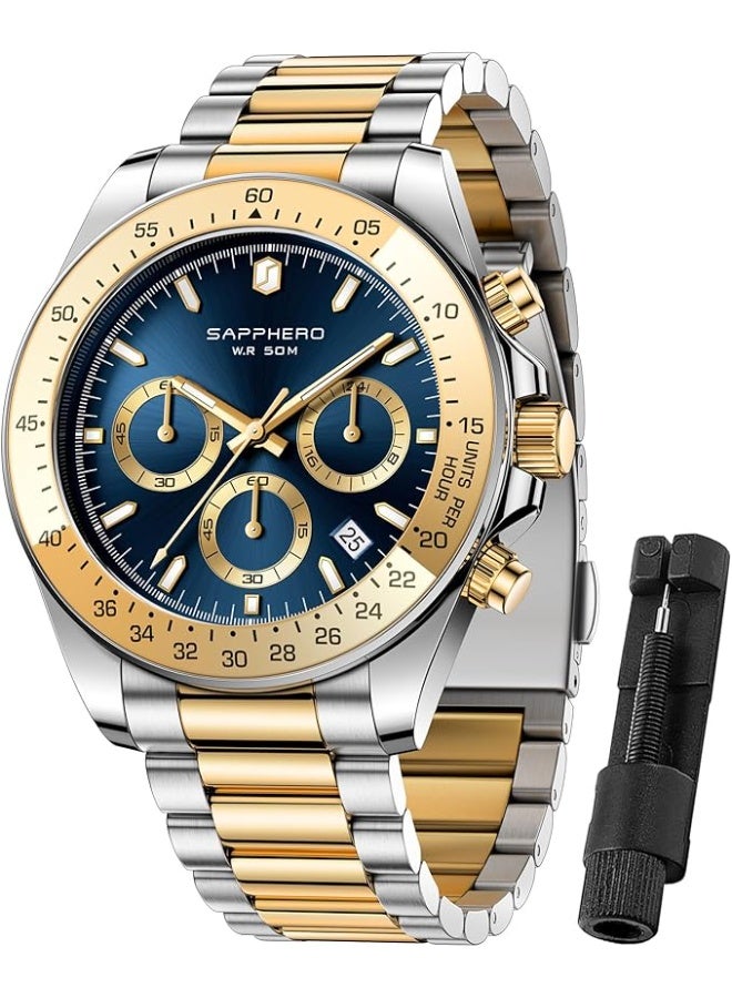 SAPPHERO Men's Stainless Steel Chronograph Watch, 50m Water Resistant, Analog Quartz Movement with Date Display, Classic and Elegant Luxury Watch, Refined Gift for Men - Image 1